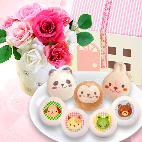 プリザーブドフラワー ピンクと動物さんスイーツセット